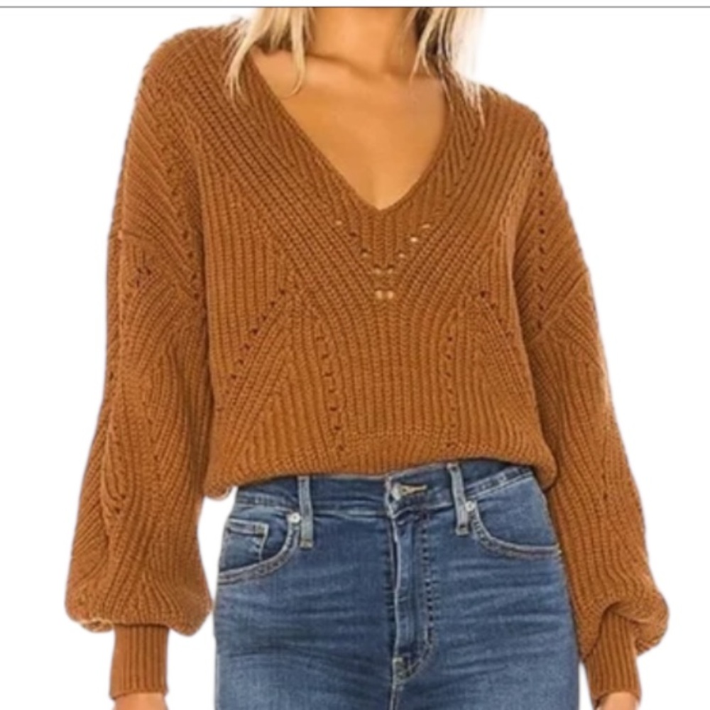 Free People All Day Long Cozy Brown V-Neck Crop Sweater
